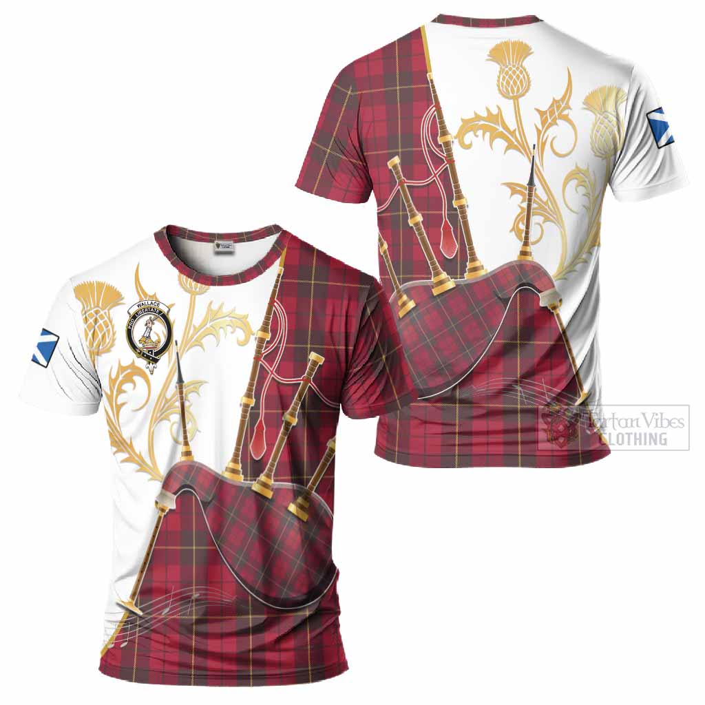 Wallace Tartan Family Crest T-Shirt Bagpipes with Scottish Thistle