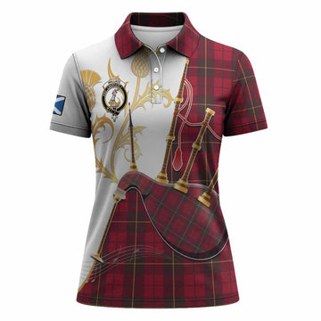 Wallace Tartan Family Crest Women Polo Shirt Bagpipes with Scottish Thistle