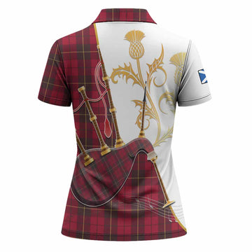 Wallace Tartan Family Crest Women Polo Shirt Bagpipes with Scottish Thistle