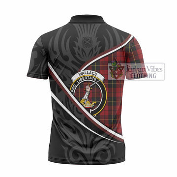 Wallace Tartan Family Crest Zipper Polo Shirt Celtic Scottish Thistle Floral