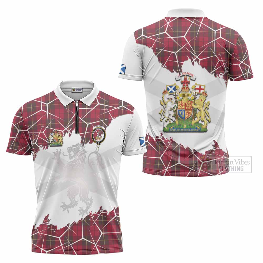 Wallace Tartan Zipper Polo Shirt with Family Crest and Lion Rampant Grunge Style