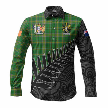 Tartan Vibes Clothing Waller Irish Clan Tartan Long Sleeve Button Shirt with Coat of Arms New Zealand Silver Fern Half Style