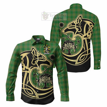 Waller Irish Tartan Long Sleeve Button Shirt with Coat of Arms Celtic Wolf Style - Tartan Vibes Clothing