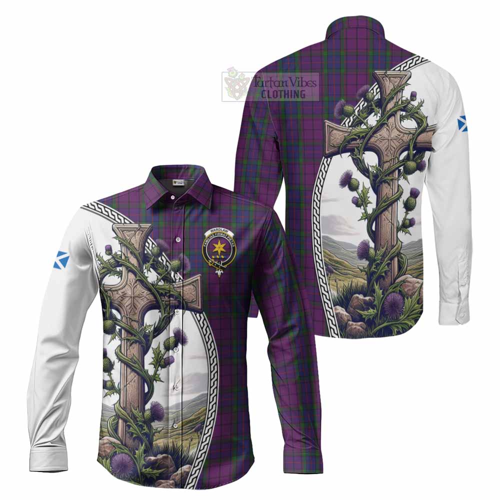 Tartan Vibes Clothing Wardlaw Tartan Long Sleeve Button Shirt with Family Crest and St. Andrew's Cross Accented by Thistle Vines