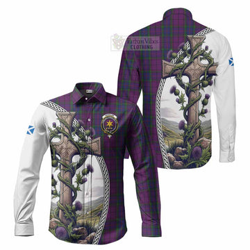 Tartan Vibes Clothing Wardlaw Tartan Long Sleeve Button Shirt with Family Crest and St. Andrew's Cross Accented by Thistle Vines