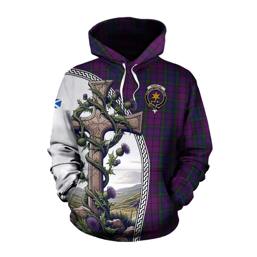 Tartan Vibes Clothing Wardlaw Tartan Cotton Hoodie with Family Crest and St. Andrew's Cross Accented by Thistle Vines