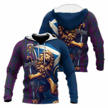 Tartan Vibes Clothing Wardlaw Tartan Family Crest Knitted Hoodie with Scottish Majestic Lion