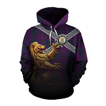 Tartan Vibes Clothing Wardlaw Crest Tartan Cotton Hoodie with Golden Lion Emblem Celtic Style
