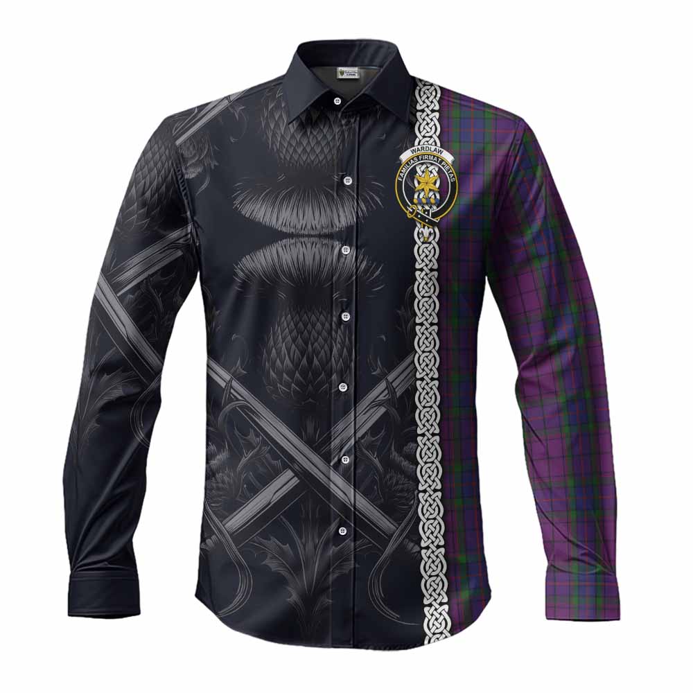 Tartan Vibes Clothing Wardlaw Tartan Long Sleeve Button Shirt with Family Crest Cross Sword Thistle Celtic Vibes
