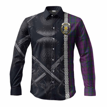 Tartan Vibes Clothing Wardlaw Tartan Long Sleeve Button Shirt with Family Crest Cross Sword Thistle Celtic Vibes