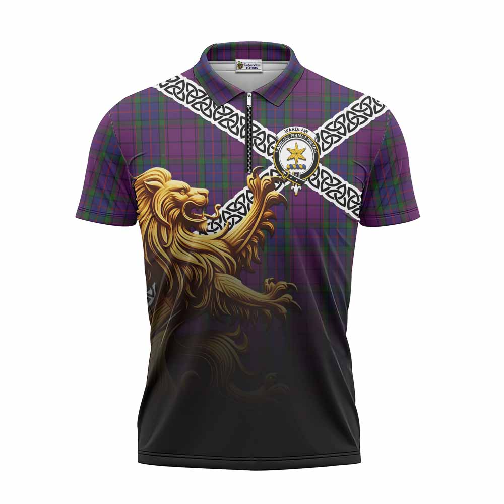 Tartan Vibes Clothing Wardlaw Crest Tartan Zipper Polo Shirt with Golden Lion Emblem Celtic Style