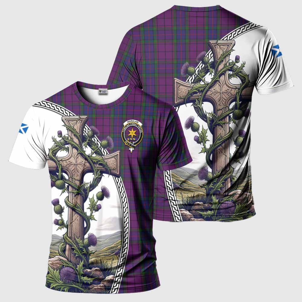 Tartan Vibes Clothing Wardlaw Agnew Tartan T-Shirt with Family Crest and St. Andrew's Cross Accented by Thistle Vines