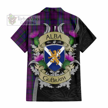 Tartan Vibes Clothing Wardlaw Tartan Family Crest Short Sleeve Button Shirt Lion Rampant Royal Thistle Shield Celtic Inspired