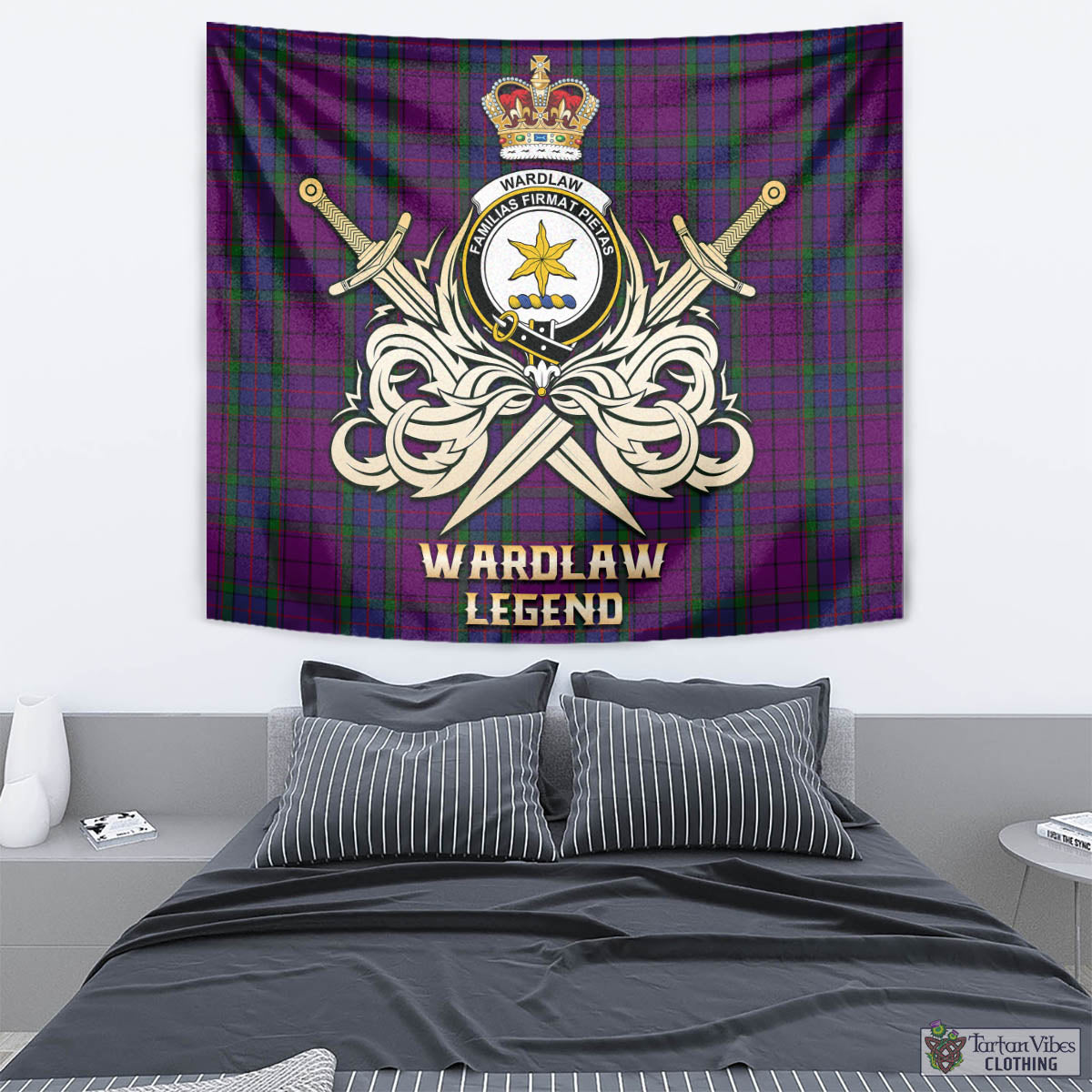 Tartan Vibes Clothing Wardlaw Tartan Tapestry with Clan Crest and the Golden Sword of Courageous Legacy