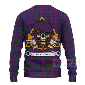 Tartan Vibes Clothing Wardlaw Tartan Knitted Sweater with Family Crest and Bearded Skull Holding Bottles of Whiskey