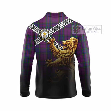 Wardlaw Crest Tartan Long Sleeve Polo Shirt with Golden Lion Emblem Celtic Style