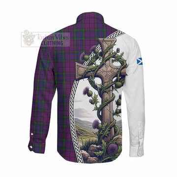 Tartan Vibes Clothing Wardlaw Tartan Long Sleeve Button Shirt with Family Crest and St. Andrew's Cross Accented by Thistle Vines