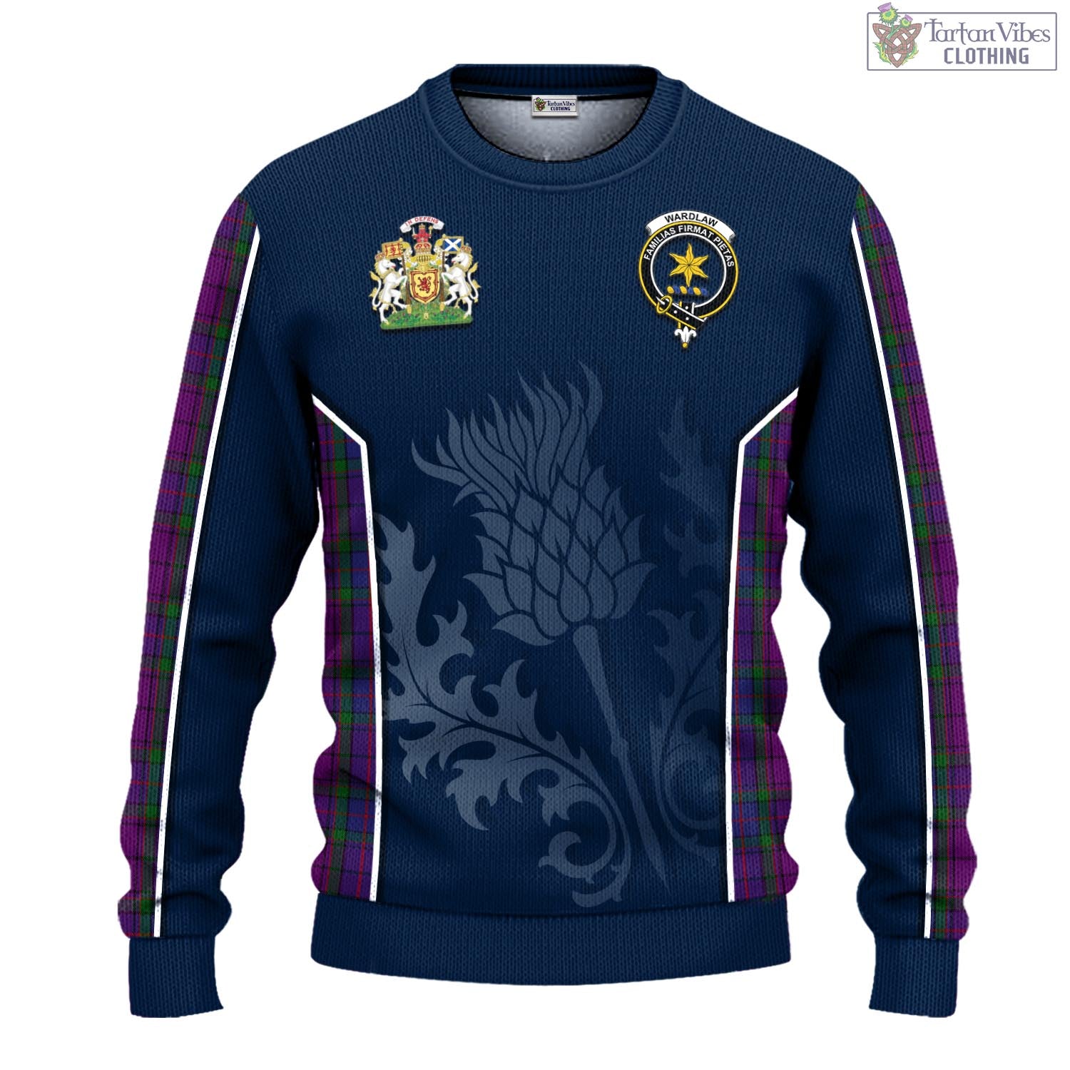 Tartan Vibes Clothing Wardlaw Tartan Knitted Sweatshirt with Family Crest and Scottish Thistle Vibes Sport Style