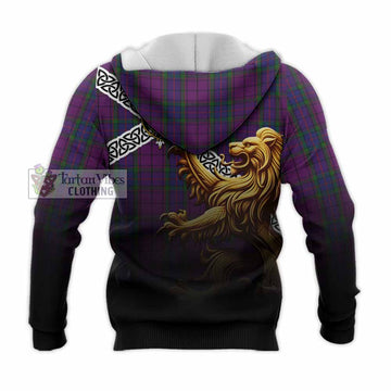 Tartan Vibes Clothing Wardlaw Crest Tartan Knitted Hoodie with Golden Lion Emblem Celtic Style