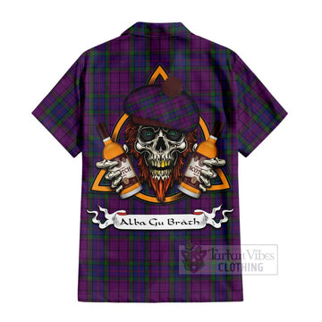 Tartan Vibes Clothing Wardlaw Tartan Short Sleeve Button Shirt with Family Crest and Bearded Skull Holding Bottles of Whiskey