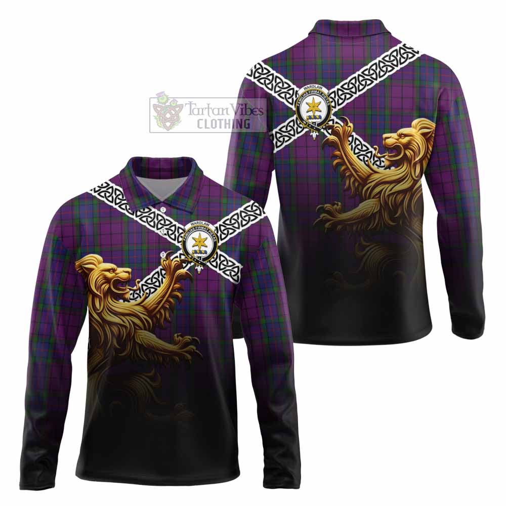 Tartan Vibes Clothing Wardlaw Crest Tartan Long Sleeve Polo Shirt with Golden Lion Emblem Celtic Style