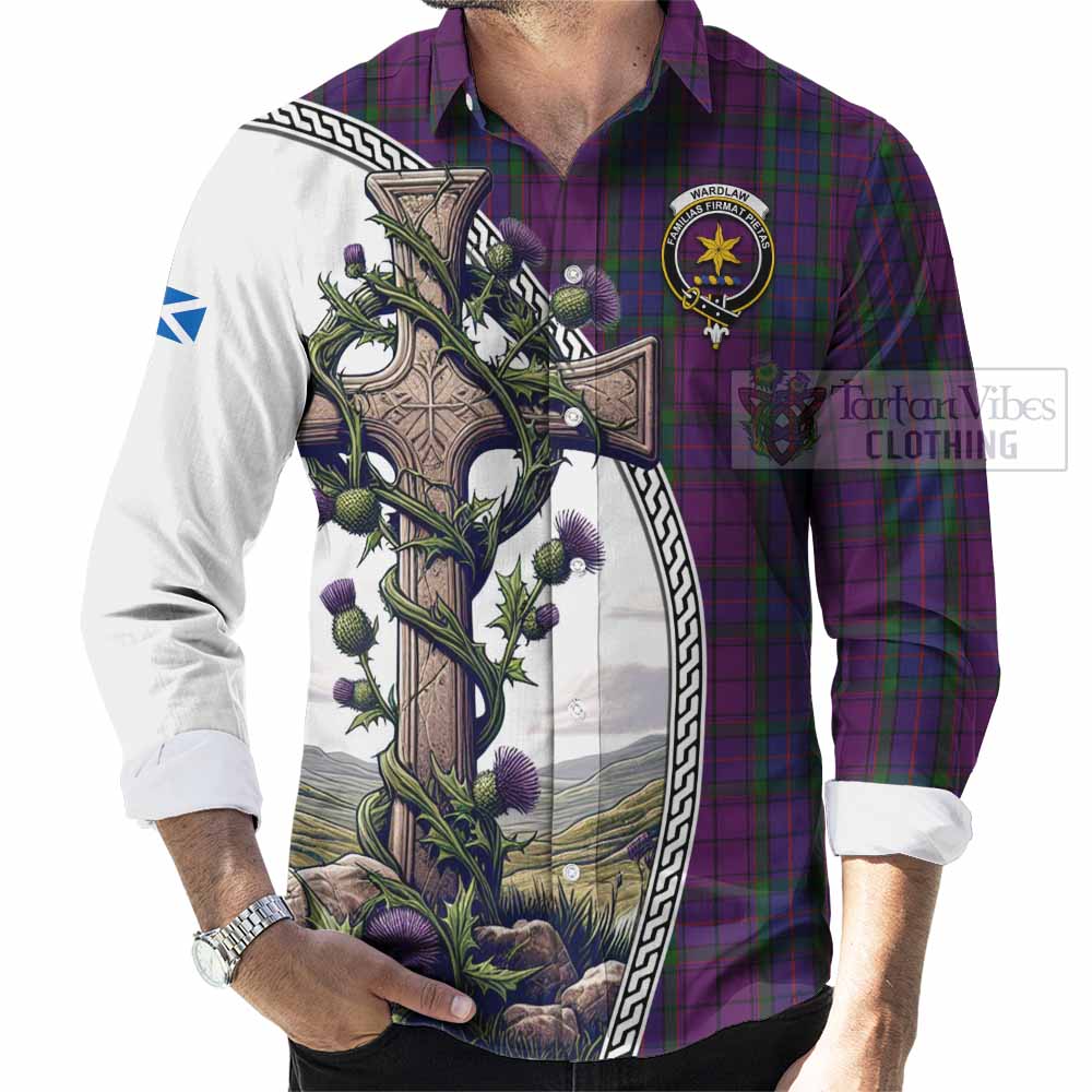 Tartan Vibes Clothing Wardlaw Tartan Long Sleeve Button Shirt with Family Crest and St. Andrew's Cross Accented by Thistle Vines