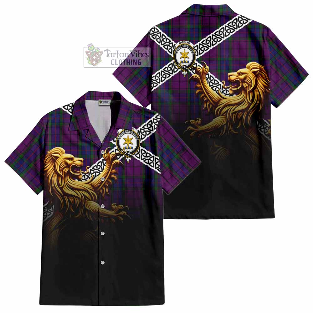 Tartan Vibes Clothing Wardlaw Crest Tartan Short Sleeve Button Shirt with Golden Lion Emblem Celtic Style