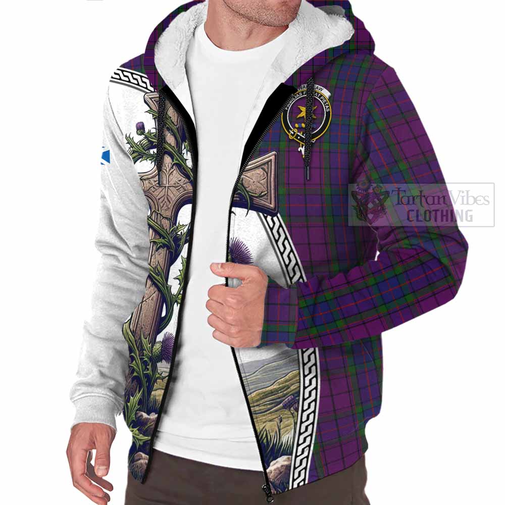 Tartan Vibes Clothing Wardlaw Tartan Sherpa Hoodie with Family Crest and St. Andrew's Cross Accented by Thistle Vines