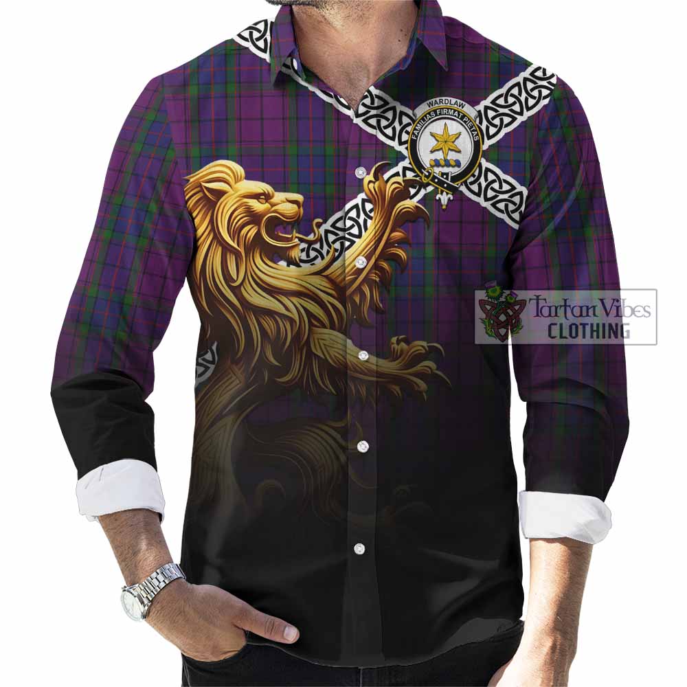Tartan Vibes Clothing Wardlaw Crest Tartan Long Sleeve Button Shirt with Golden Lion Emblem Celtic Style