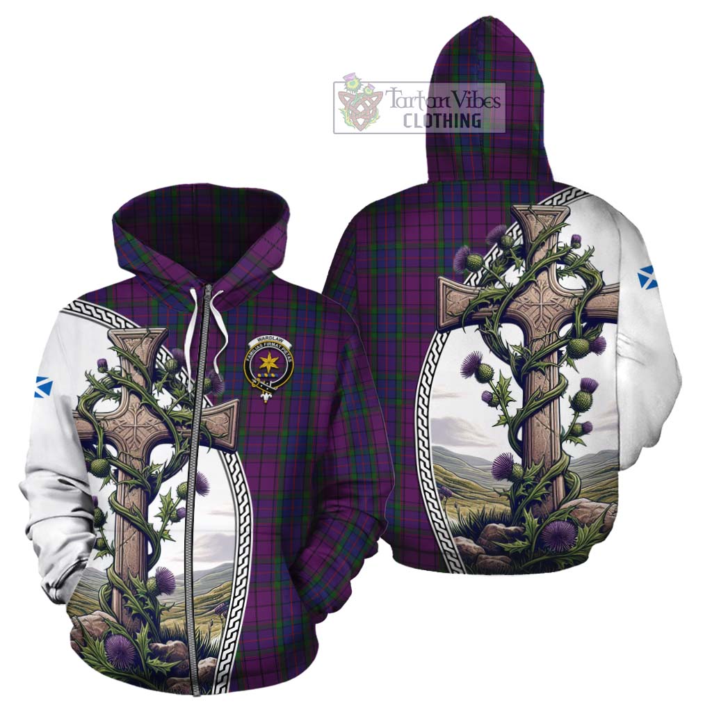 Tartan Vibes Clothing Wardlaw Tartan Cotton Hoodie with Family Crest and St. Andrew's Cross Accented by Thistle Vines