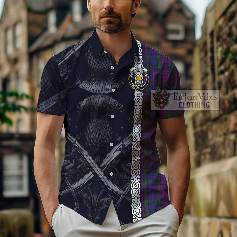 Tartan Vibes Clothing Wardlaw Tartan Short Sleeve Button Shirt with Family Crest Cross Sword Thistle Celtic Vibes