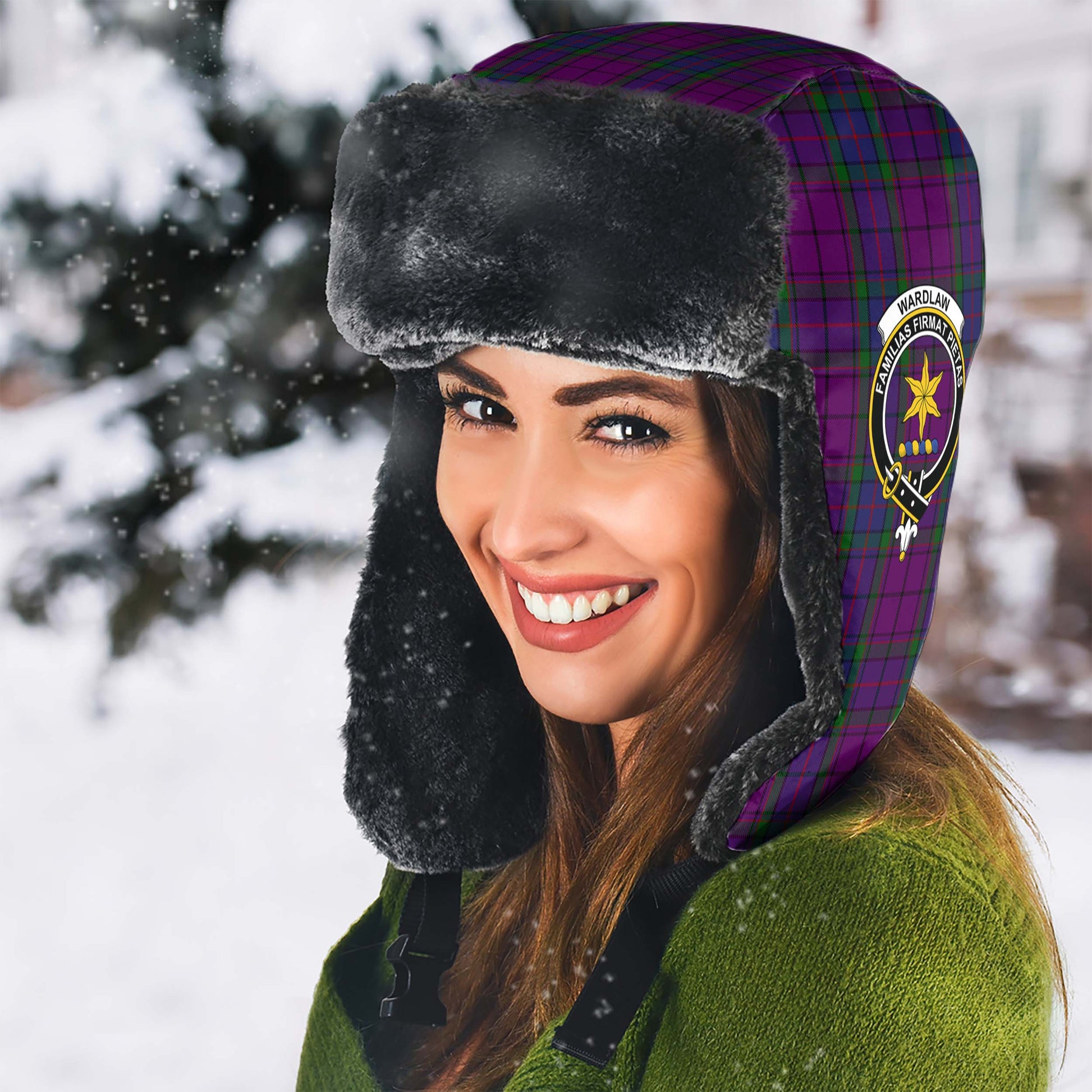 Wardlaw Tartan Winter Trapper Hat with Family Crest - Tartanvibesclothing