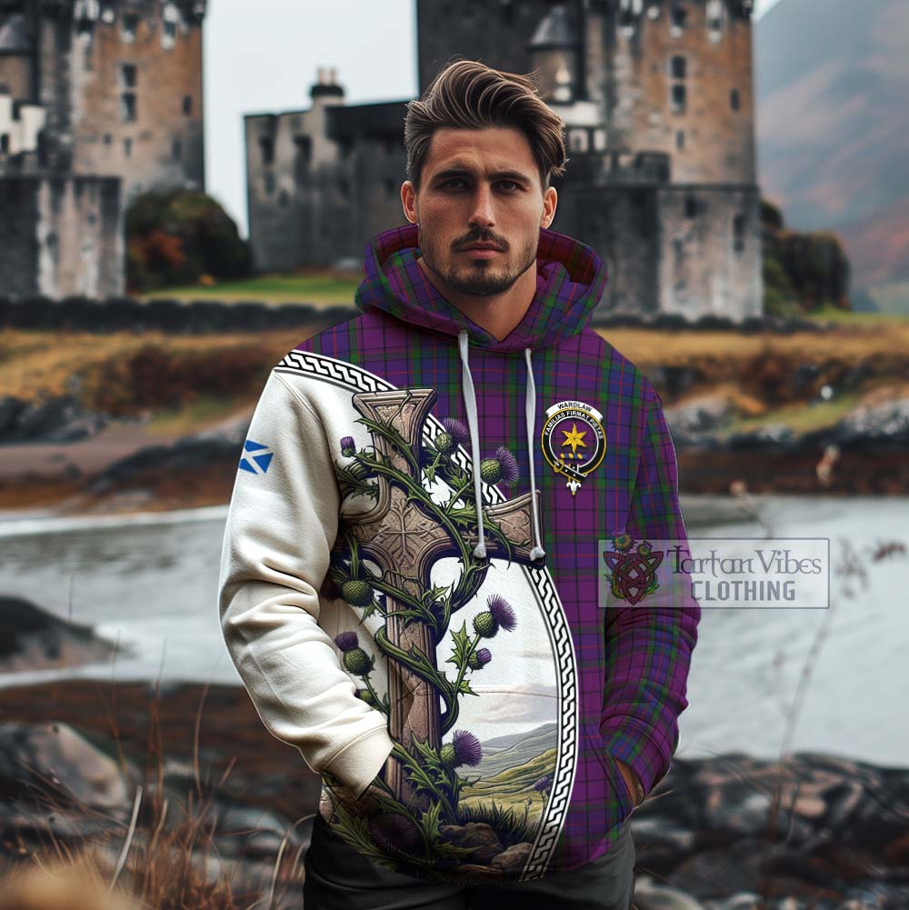 Tartan Vibes Clothing Wardlaw Tartan Cotton Hoodie with Family Crest and St. Andrew's Cross Accented by Thistle Vines