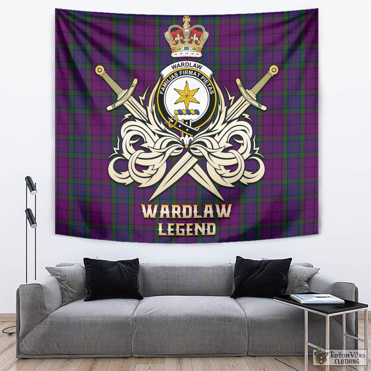 Tartan Vibes Clothing Wardlaw Tartan Tapestry with Clan Crest and the Golden Sword of Courageous Legacy