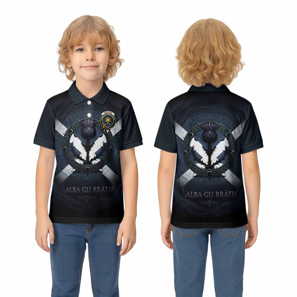 Wardlaw Clan Crest Kid Polo Shirt with Celtic Knot Thistle and Saltire