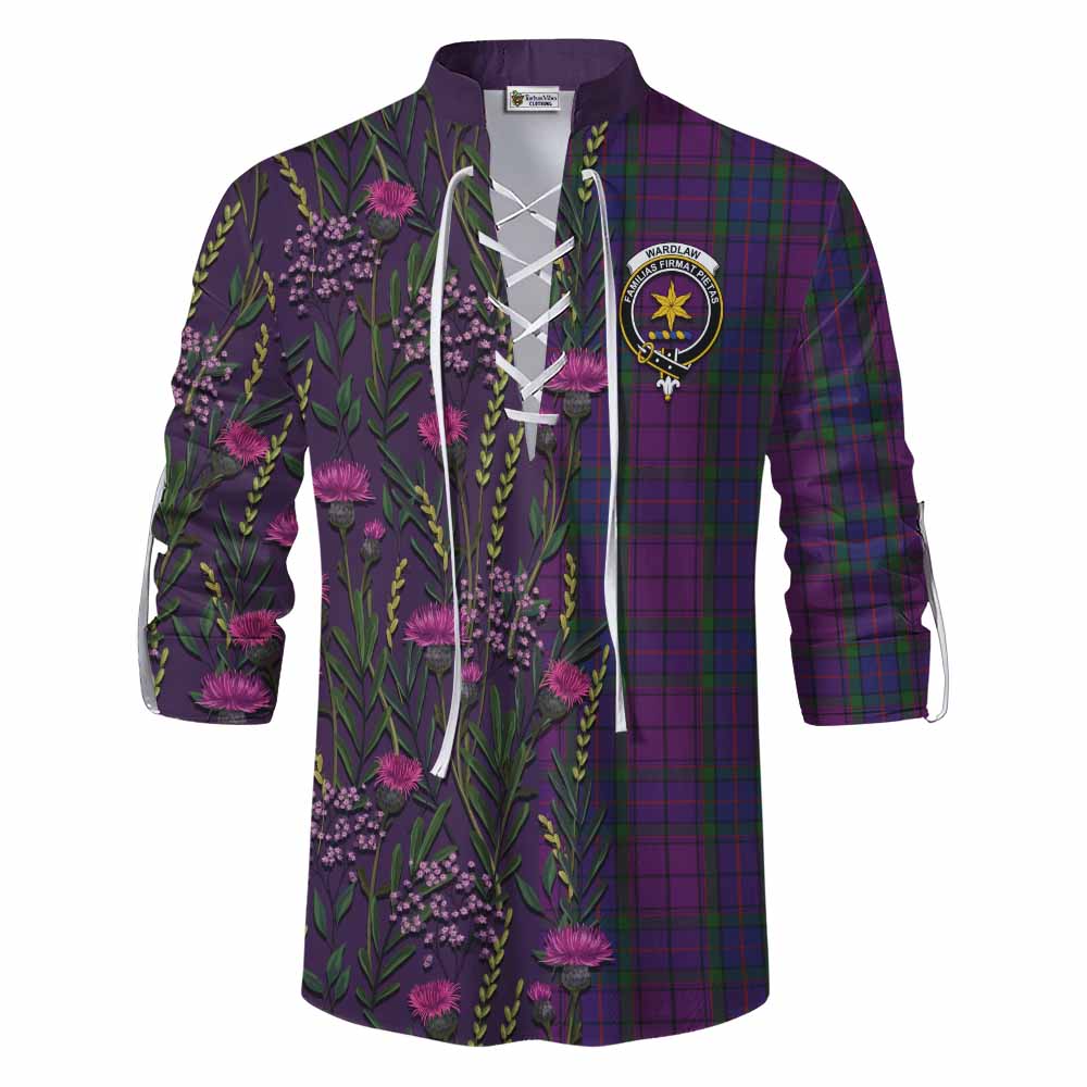 Wardlaw Family Crest Tartan Ghillie Shirt Scottish Thistle Flower Pattern Half Style - Tartan Vibes Clothing