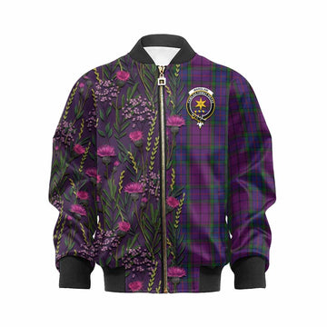 Wardlaw Family Crest Tartan Kid Bomber Jacket Scottish Thistle Flower Pattern Half Style - Tartan Vibes Clothing