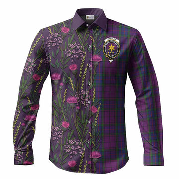 Wardlaw Family Crest Tartan Long Sleeve Button Shirts Scottish Thistle Flower Pattern Half Style - Tartan Vibes Clothing