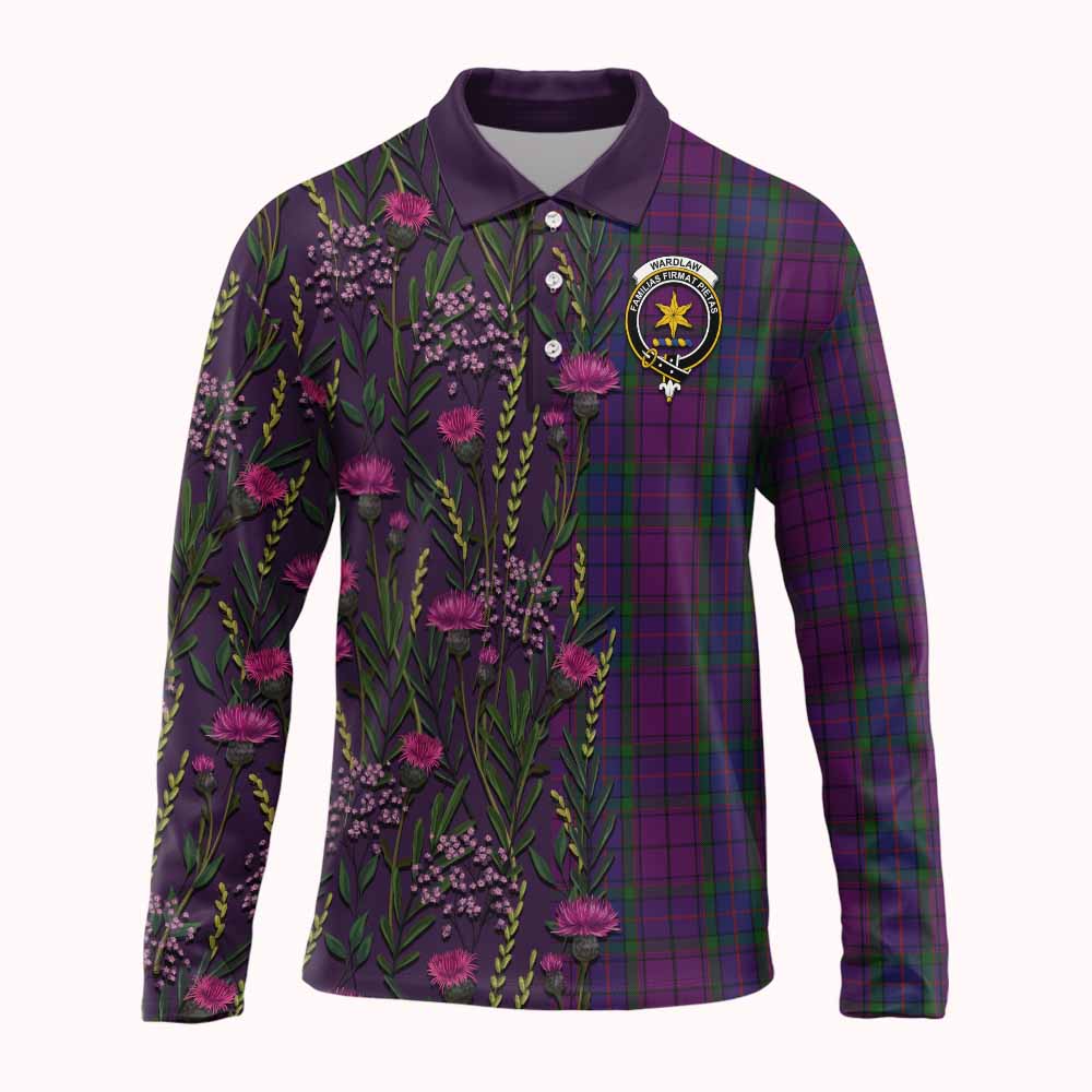 Wardlaw Family Crest Tartan Long Sleeve Polo Shirt Scottish Thistle Flower Pattern Half Style - Tartan Vibes Clothing