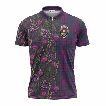 Wardlaw Family Crest Tartan Zipper Polo Shirt Scottish Thistle Flower Pattern Half Style