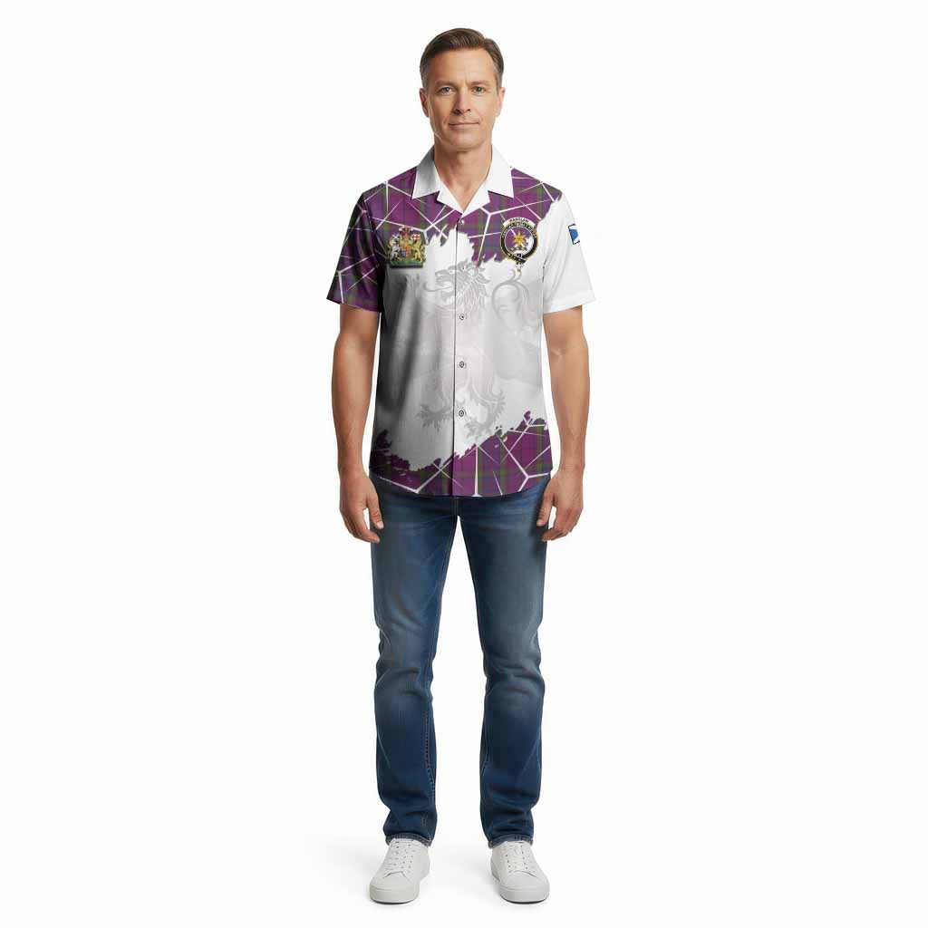 Wardlaw Tartan Cotton Hawaiian Shirt with Family Crest and Lion Rampant Grunge Style
