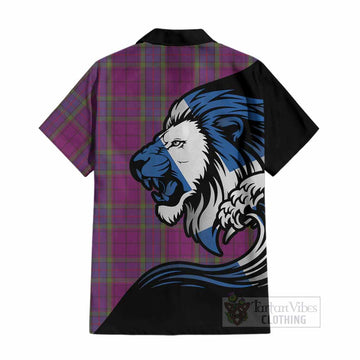 Wardlaw Tartan Crest Cotton Hawaiian Shirt Scottish Golden Lions Wave Flow