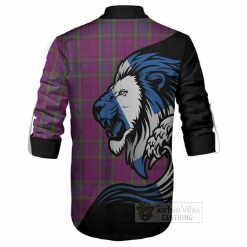 Wardlaw Tartan Crest Ghillie Shirt Scottish Golden Lions Wave Flow