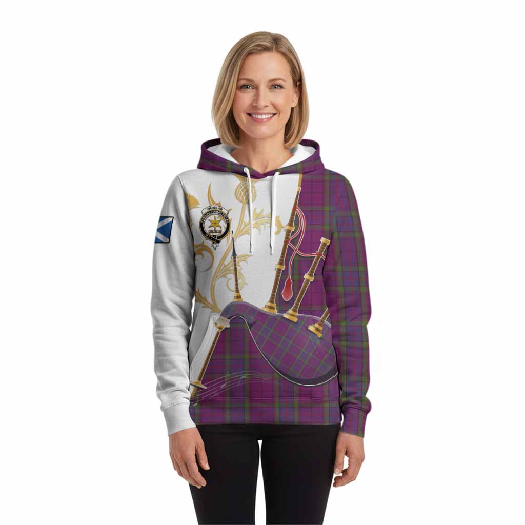 Wardlaw Tartan Family Crest Hoodie Bagpipes with Scottish Thistle