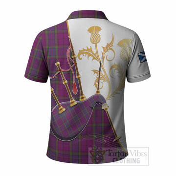 Wardlaw Tartan Family Crest Polo Shirt Bagpipes with Scottish Thistle