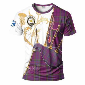 Wardlaw Tartan Family Crest T-Shirt Bagpipes with Scottish Thistle