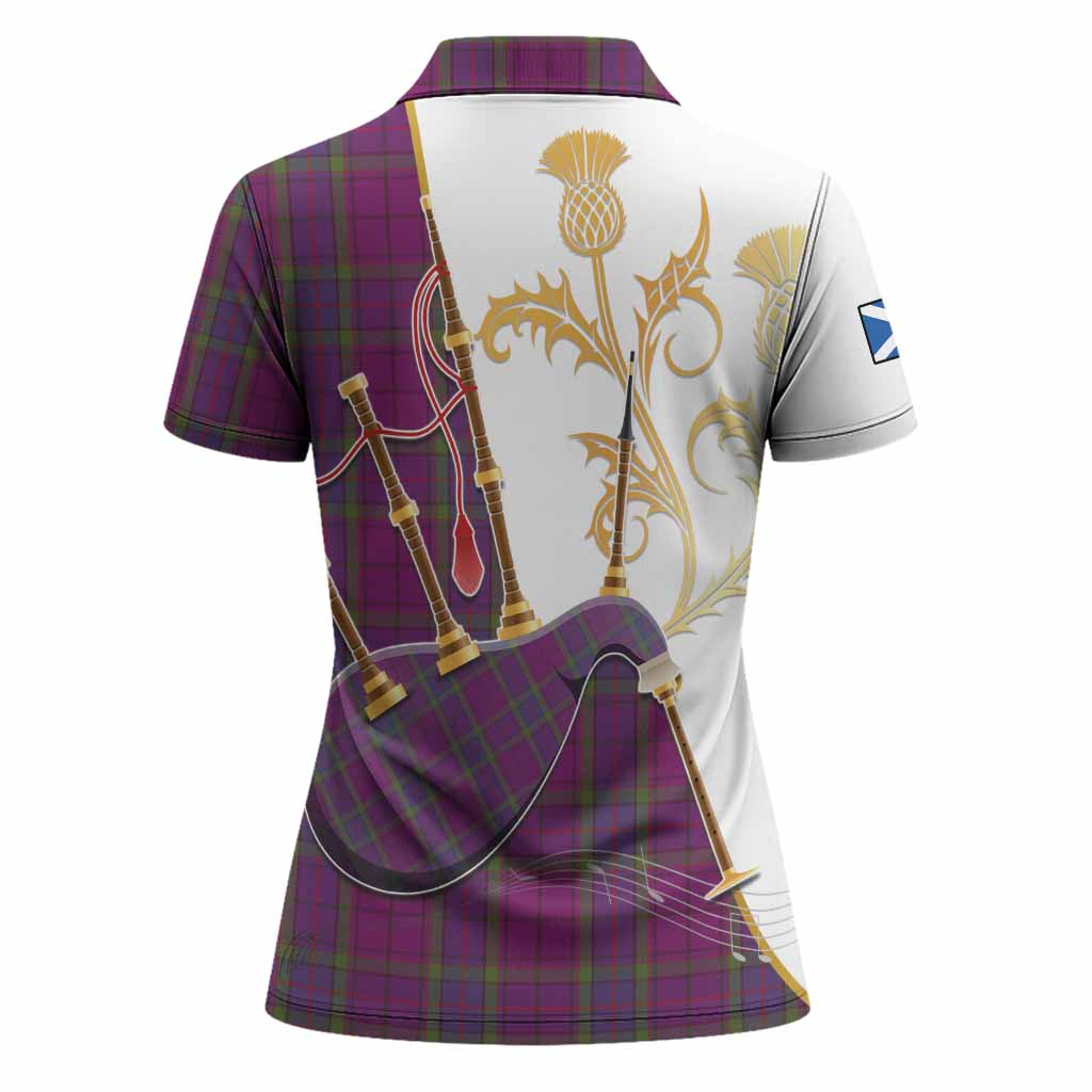 Wardlaw Tartan Family Crest Women Polo Shirt Bagpipes with Scottish Thistle