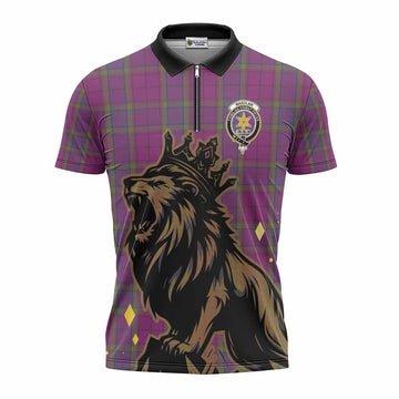 Wardlaw Tartan Family Crest Zipper Polo Shirt Crowned Lion Roaring