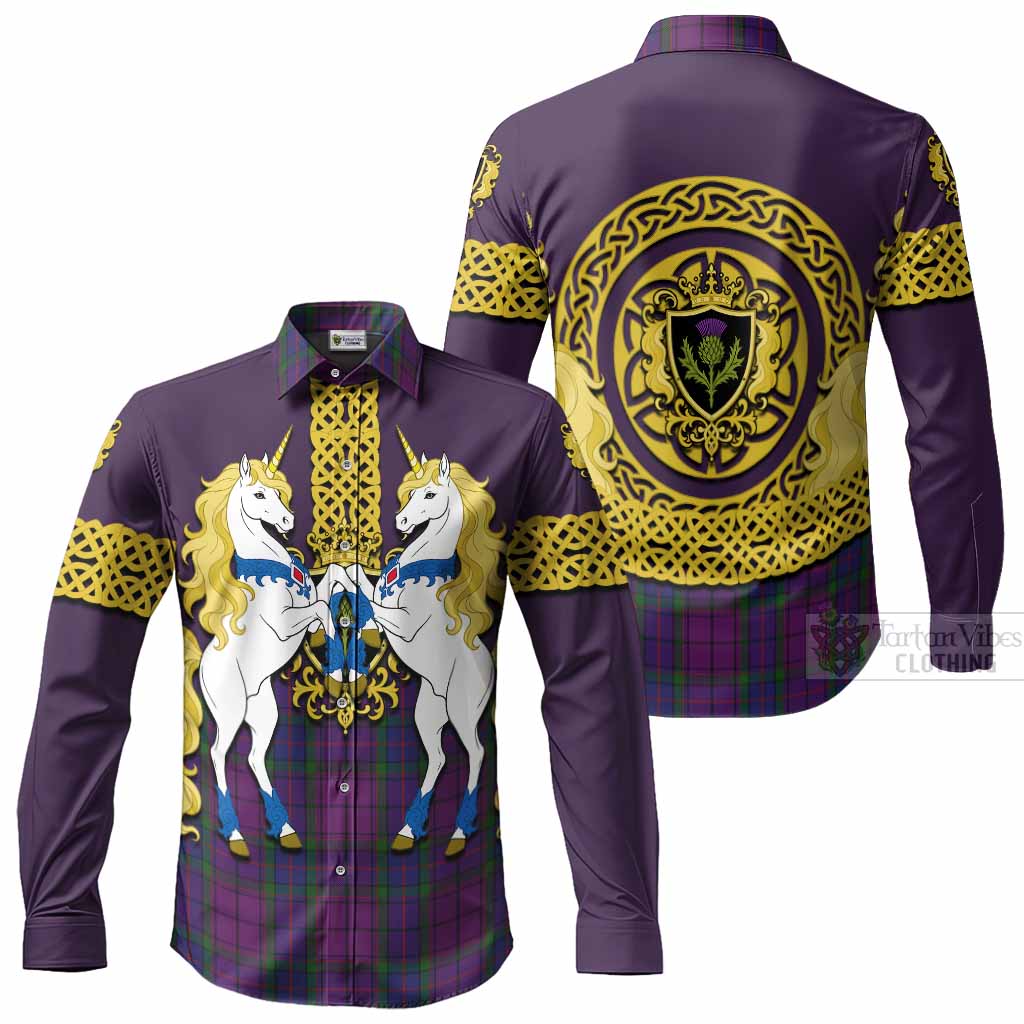 Wardlaw Tartan Long Sleeve Button Shirts Unicorn Celtic Knot And Thistle Emblem
