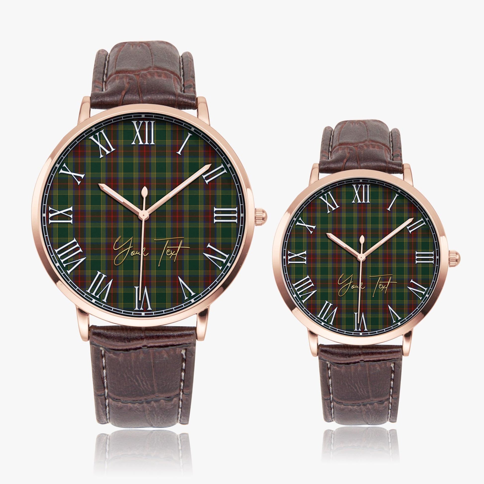 Waterford County Ireland Tartan Personalized Your Text Leather Trap Quartz Watch Ultra Thin Rose Gold Case With Brown Leather Strap - Tartanvibesclothing Shop